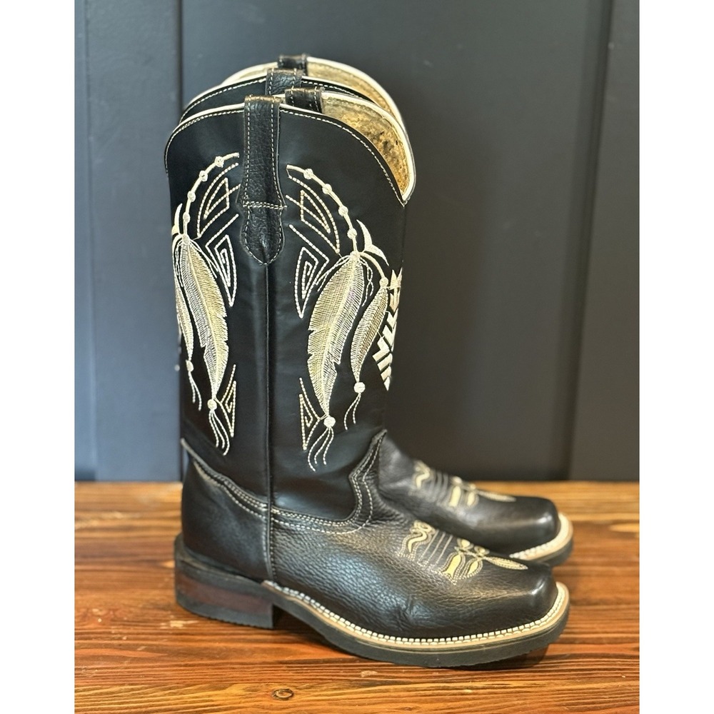 VAQUERO RODEO COWBOY Black LEATHER WESTERN SQUARE TOE BOOTS Unisex M 6.5 W 8